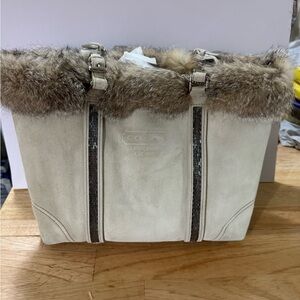 Coach vintage tote bag limited edition suede faux fur lining bead trims